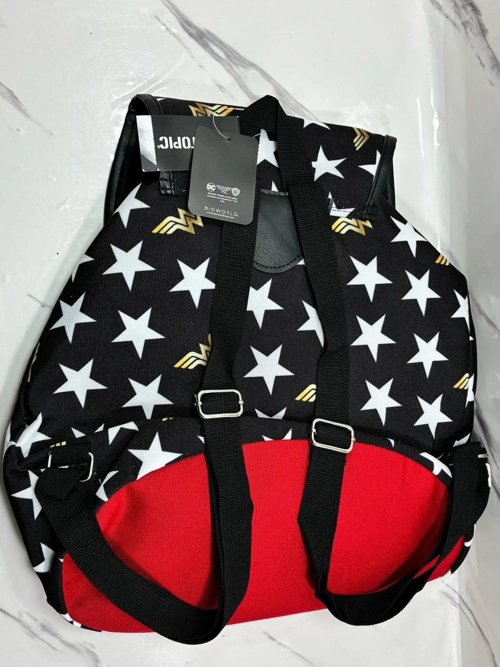 Wonder Woman Star Print Backpack Bag - Black, White & Red